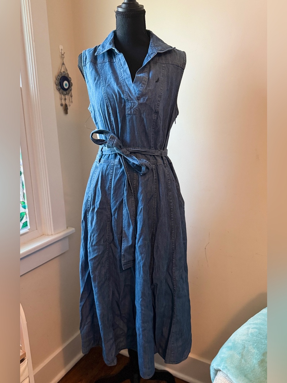 Nautica Sleeveless A-Line Chambray Midi Dress in Blue